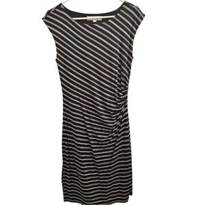 Ann Taylor LOFT  Dress  Black White Tan Stripe Cap Sleeve Gathered Lined Small
